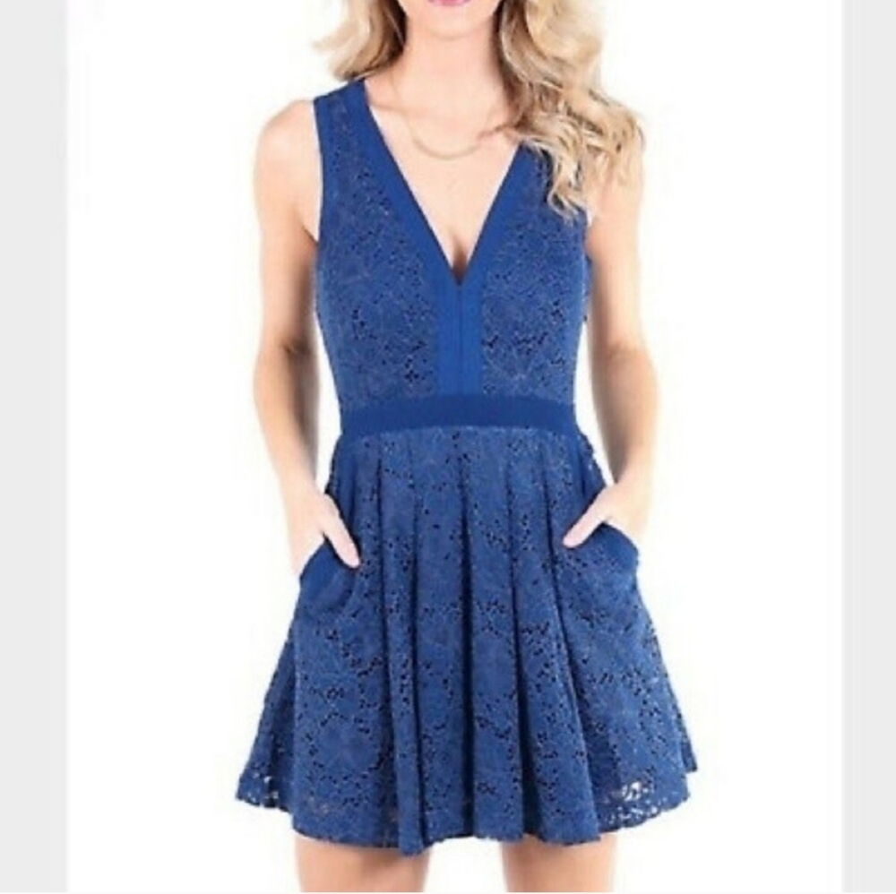 Free People Lovely in Lace Mini Dress Blue Size XS